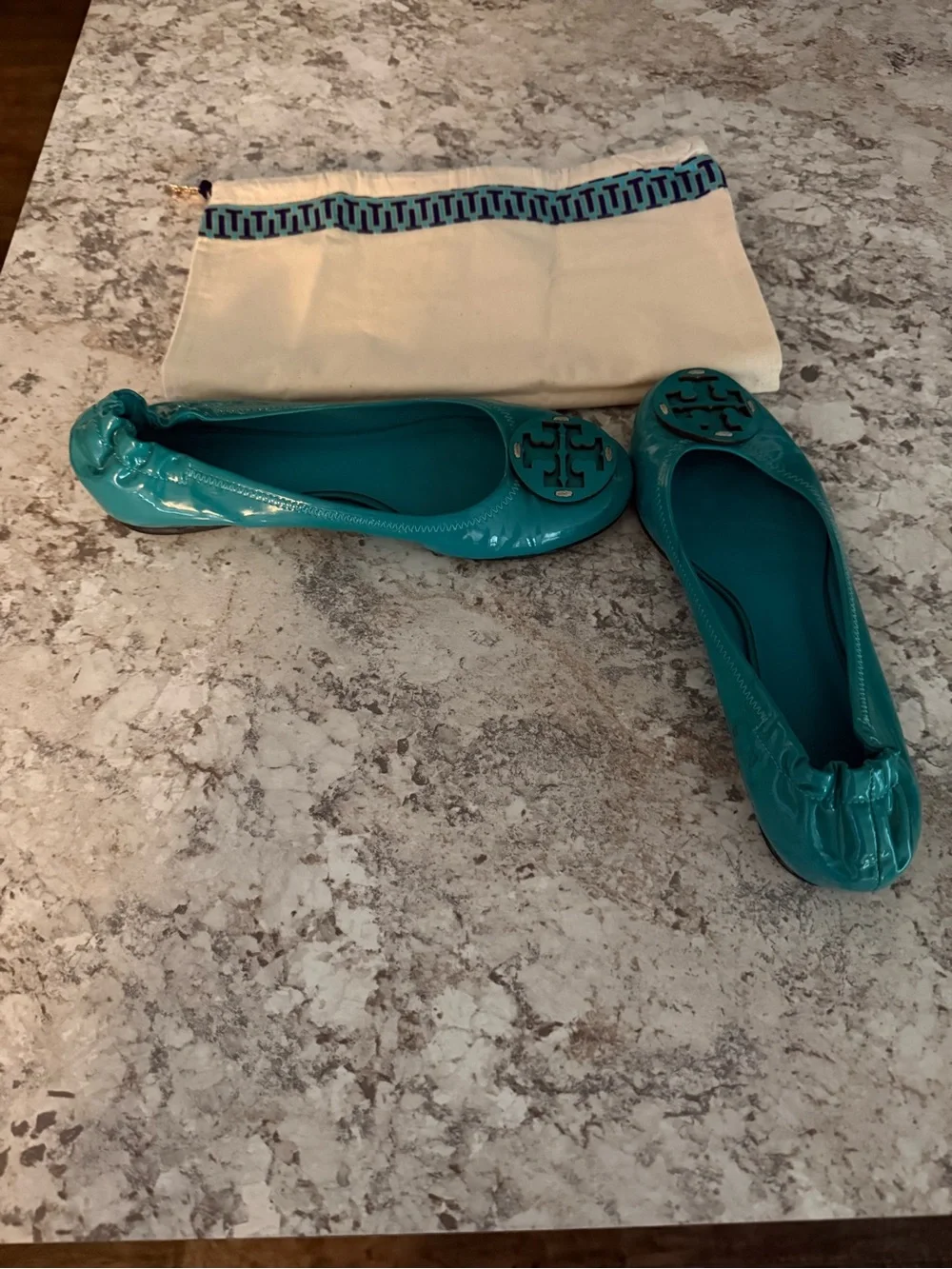 Tory Burch Teal Patent Leather Logo Ballet Flats